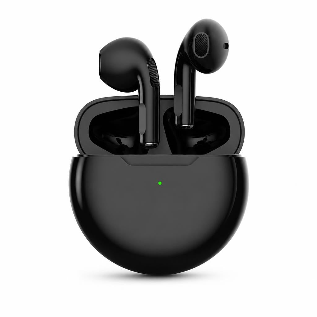 Auriculares inalámbricos Gostter Pro6 negros con estuche de carga abierto